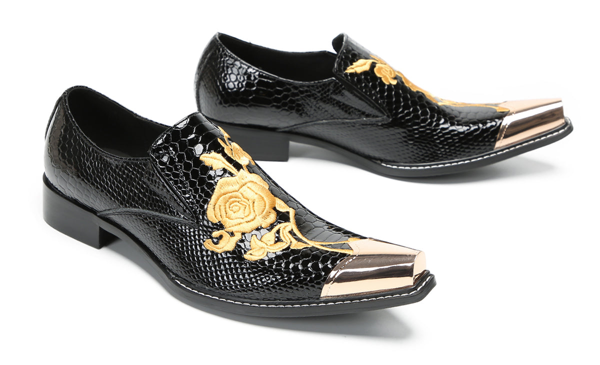 Mens Embroidered Gold Metal Toe Dress Western Loafers