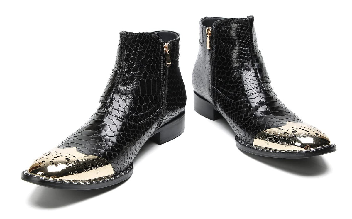 Mens Genuine Leather Metal-Square Toe Snakeskin Texture Ankle Western Boots