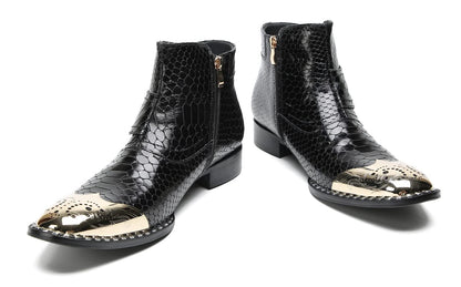 Mens Genuine Leather Metal-Square Toe Snakeskin Texture Ankle Western Boots