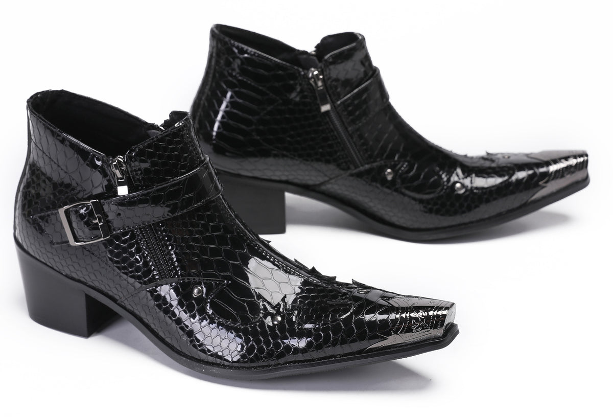Mens Snakeskin Texture Metal Toe Double Zipper Ankle Western Boots