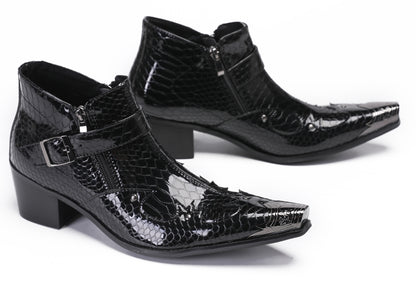 Mens Snakeskin Texture Metal Toe Double Zipper Ankle Western Boots