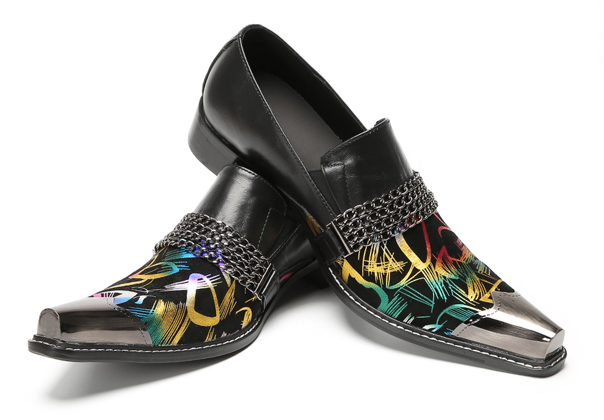 Mens Metal Pointed Cap Chain Decor Slip-On Dress Western Loafers