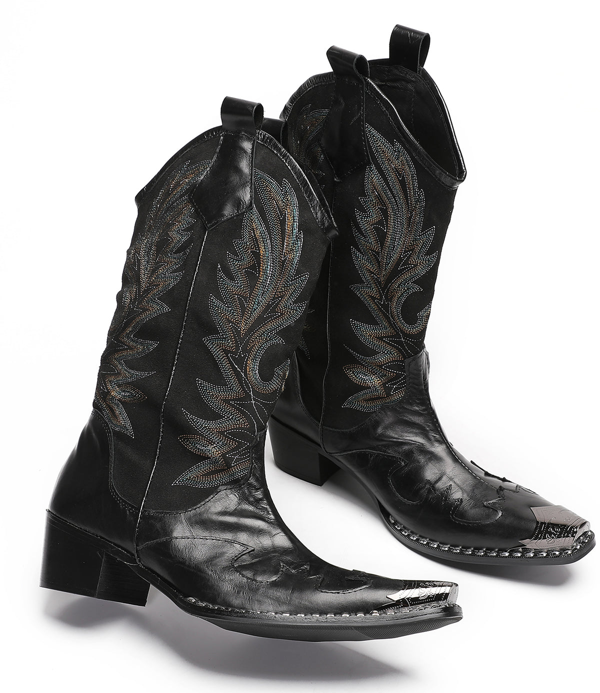 Mens Genuine Leather Metal Wingtip Toe Embroidered Pull On Western Cowboy Boots