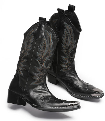 Mens Genuine Leather Metal Wingtip Toe Embroidered Pull On Western Cowboy Boots