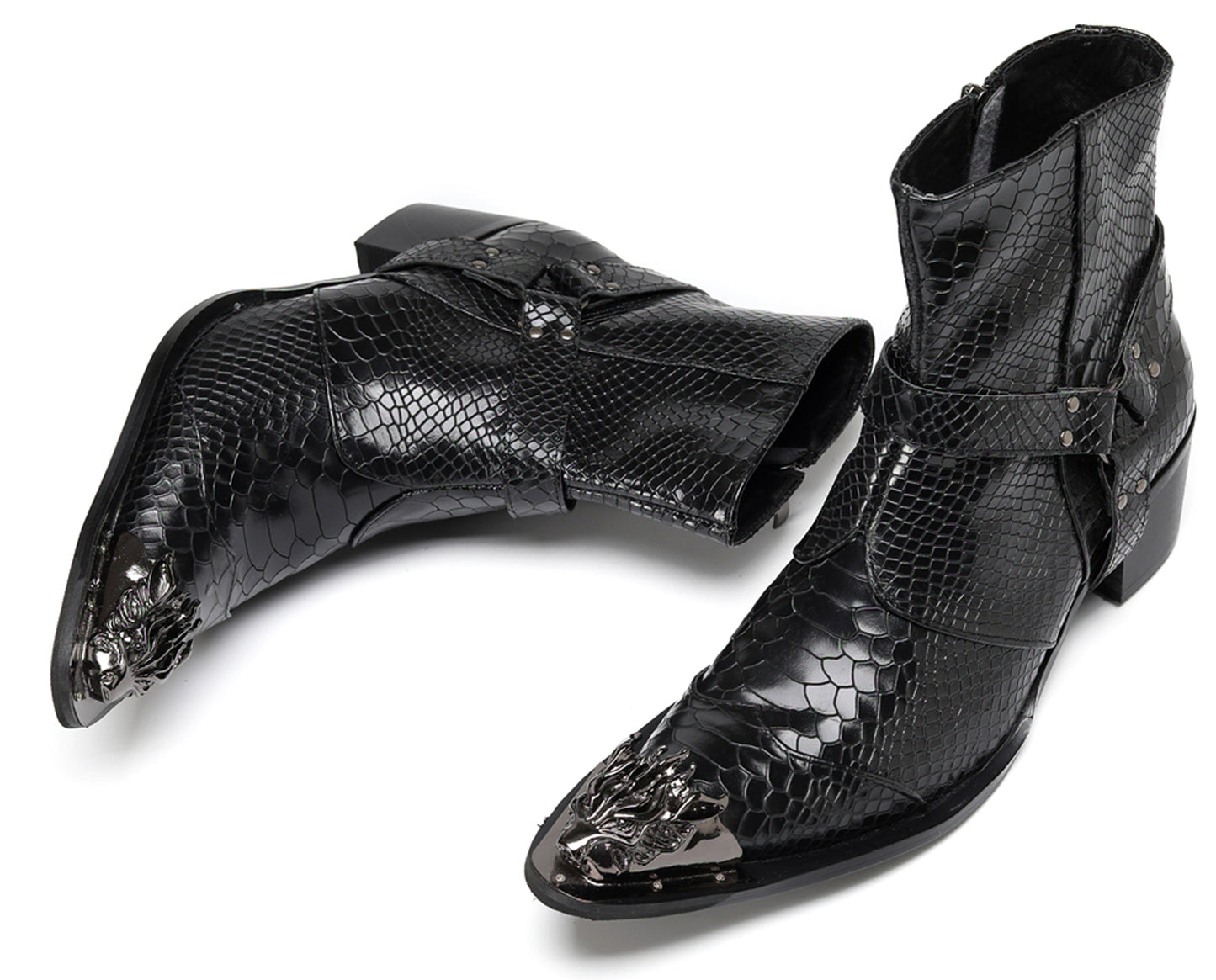 Mens Black Crocodile Print Metal Lion Head Cowboy Western Boots
