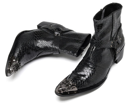 Mens Black Crocodile Print Metal Lion Head Cowboy Western Boots