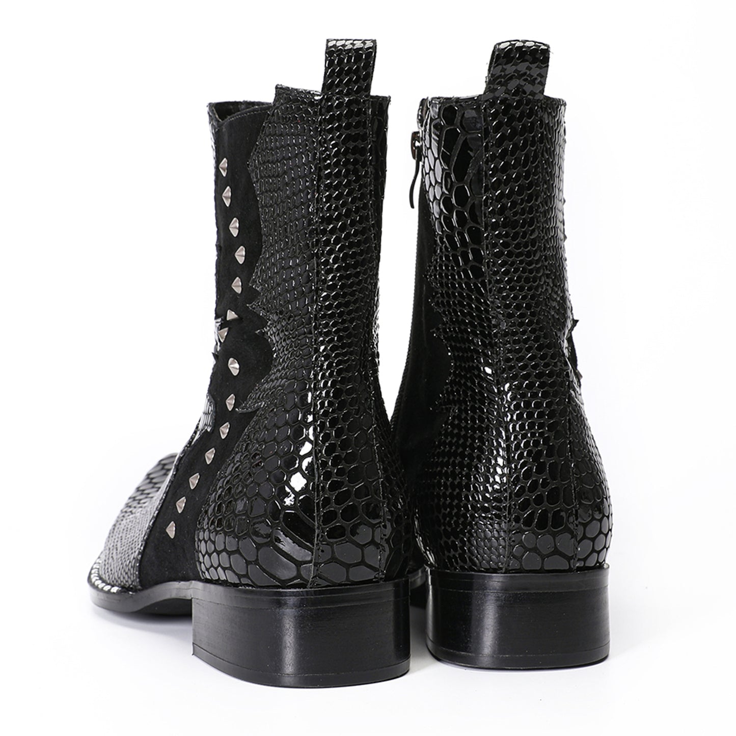 Mens Top-Grain Leather Snake-Embossed Studded Western Cowboy Ankle Boots