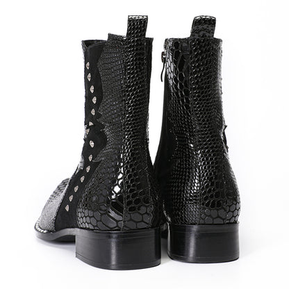 Mens Top-Grain Leather Snake-Embossed Studded Western Cowboy Ankle Boots