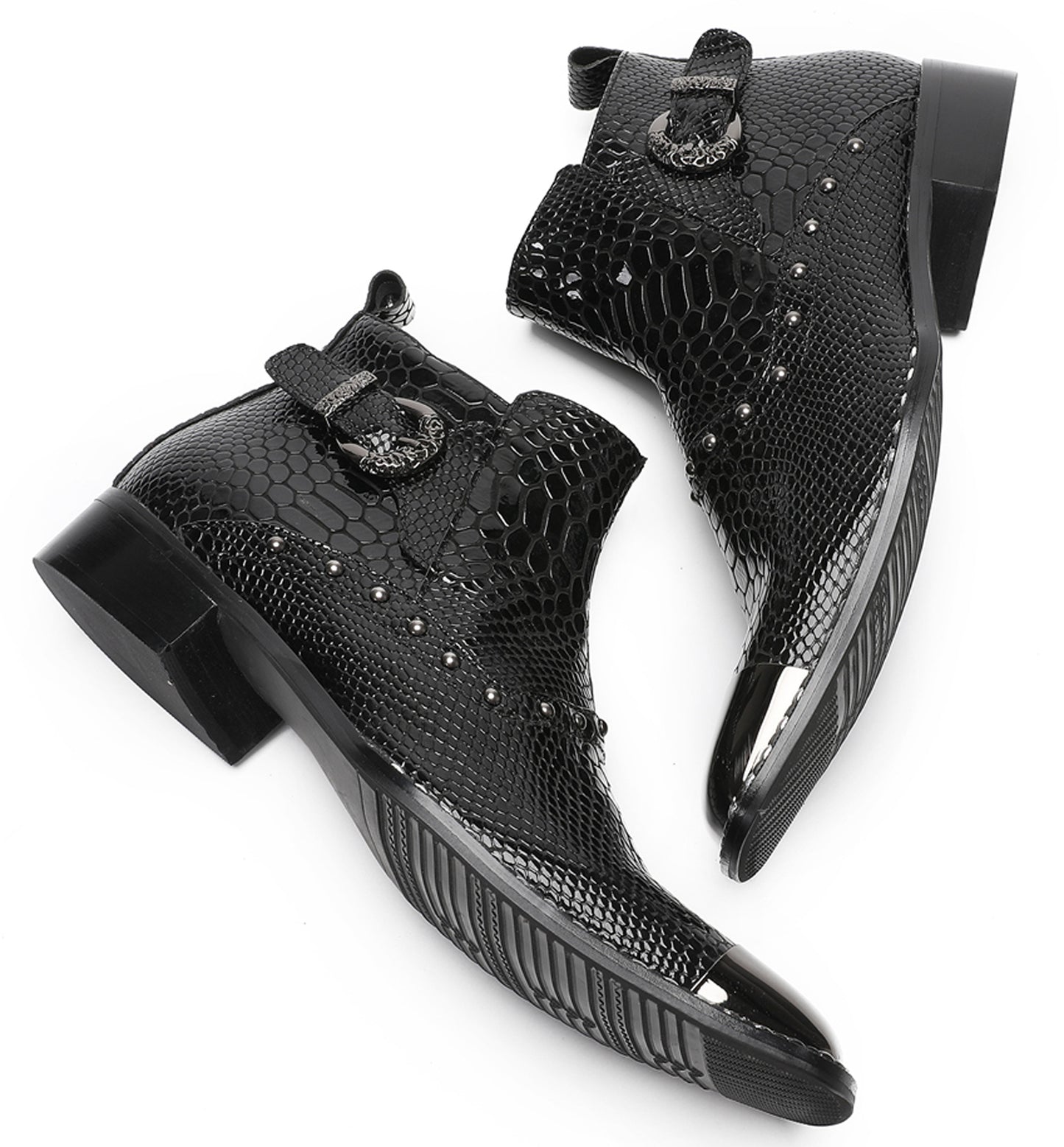 Mens Genuine Leather Snakeskin Texture Metal Square Toe Beads Western Boots