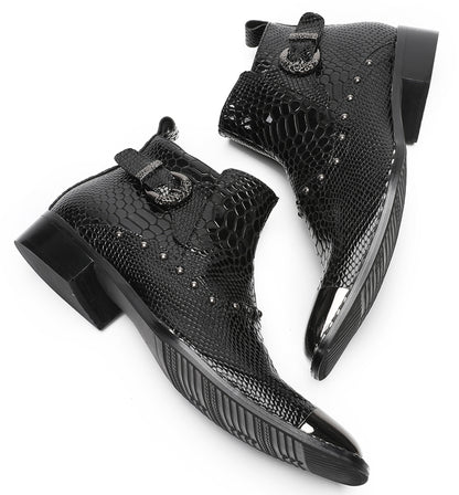 Mens Genuine Leather Snakeskin Texture Metal Square Toe Beads Western Boots