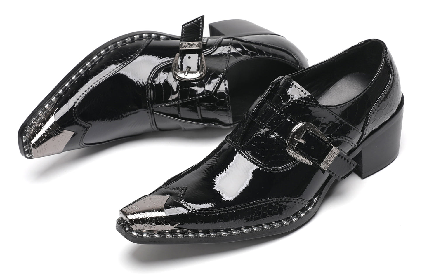 Mens Black Glossy Leather Buckle Detail Dress Western Loafers
