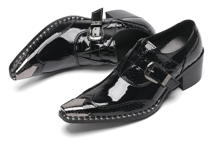 Mens Black Glossy Leather Buckle Detail Dress Western Loafers