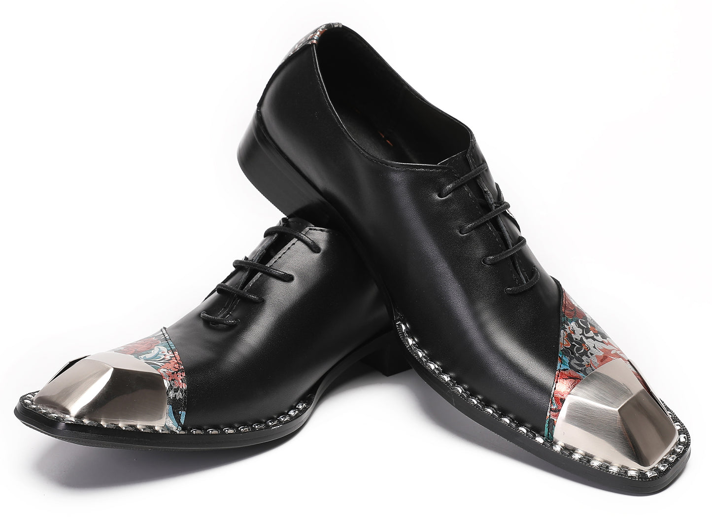 Mens Metal-Square Toe Leather Two-Toned Western Oxfords
