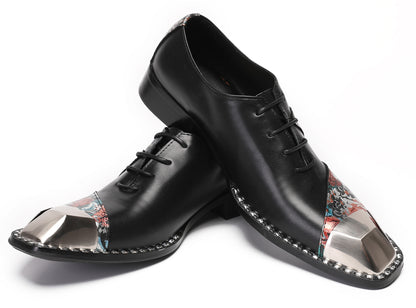 Mens Metal-Square Toe Leather Two-Toned Western Oxfords