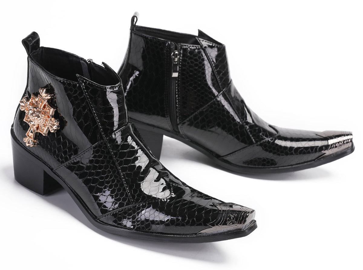 Mens Genuine Leather Snakeskin Pattern Metal Toe Zipper Ankle Western Boots