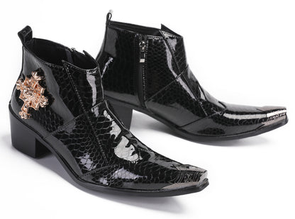Mens Genuine Leather Snakeskin Pattern Metal Toe Zipper Ankle Western Boots