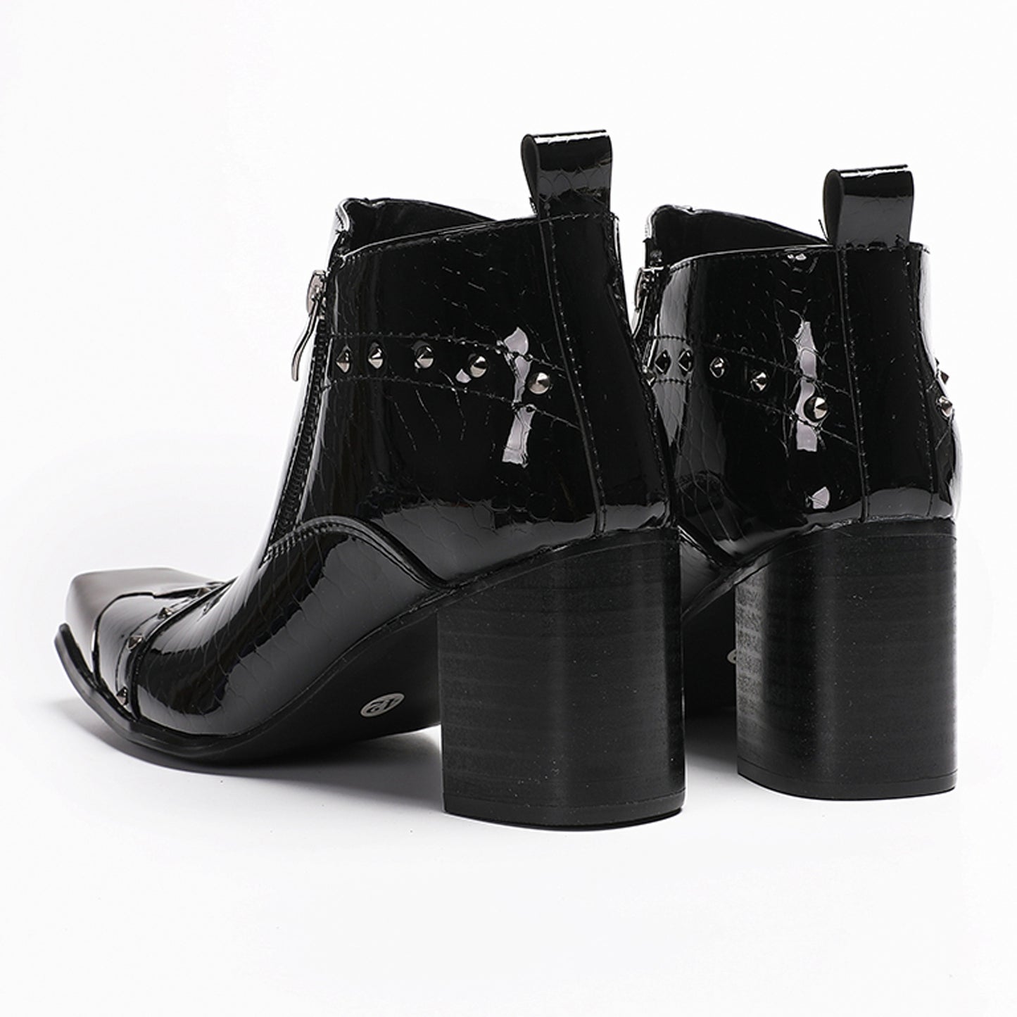 Mens Patent Leather Metal Square Toe Studded Ankle Western Boots