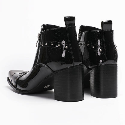 Mens Patent Leather Metal Square Toe Studded Ankle Western Boots