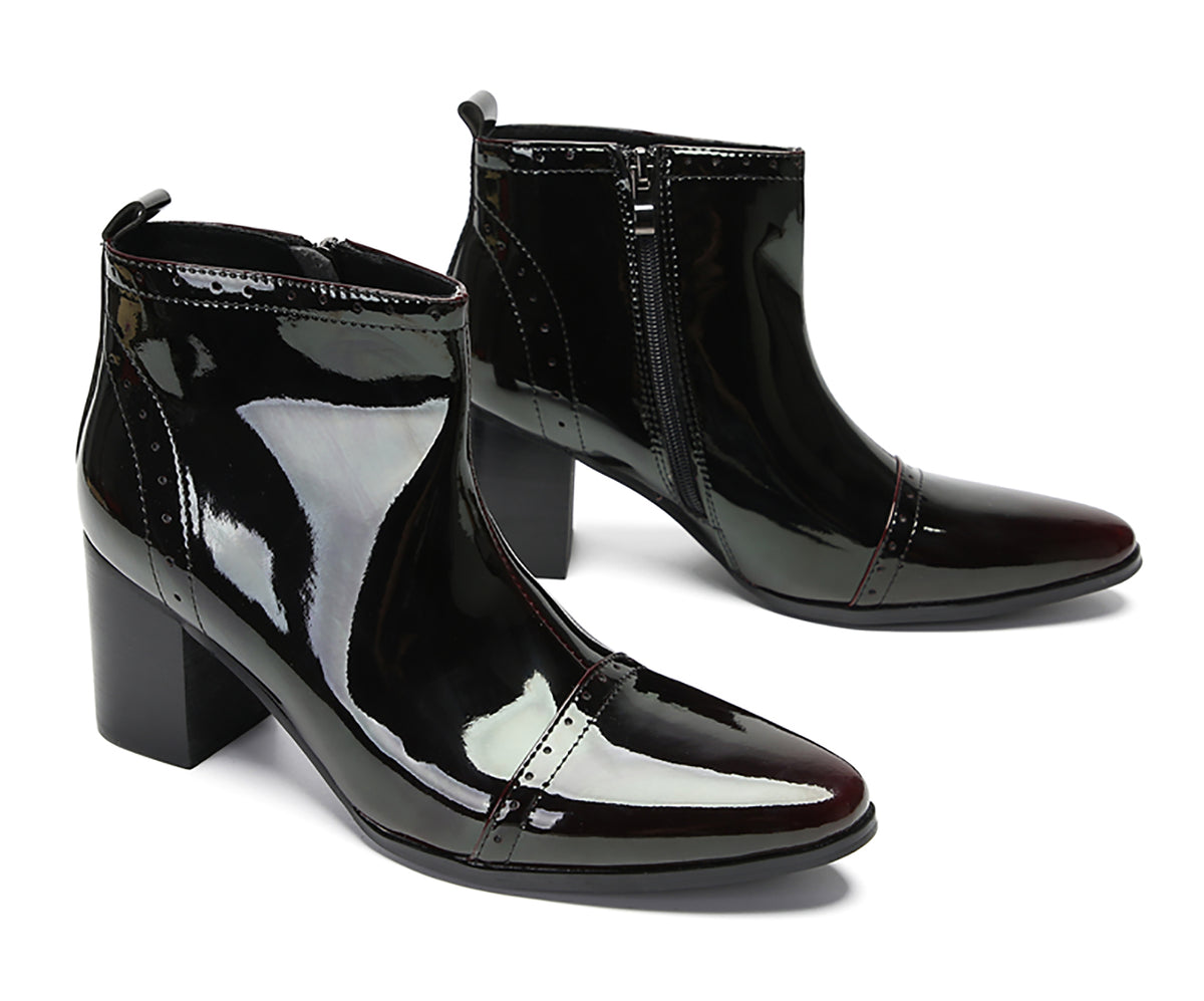 Mens Patent Leather Zipper On Side Mid Calf Heel Ankle Boots
