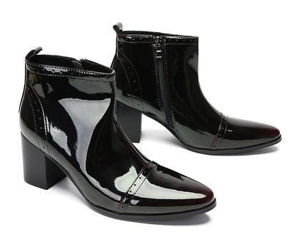 Mens Patent Leather Zipper On Side Mid Calf Heel Ankle Boots