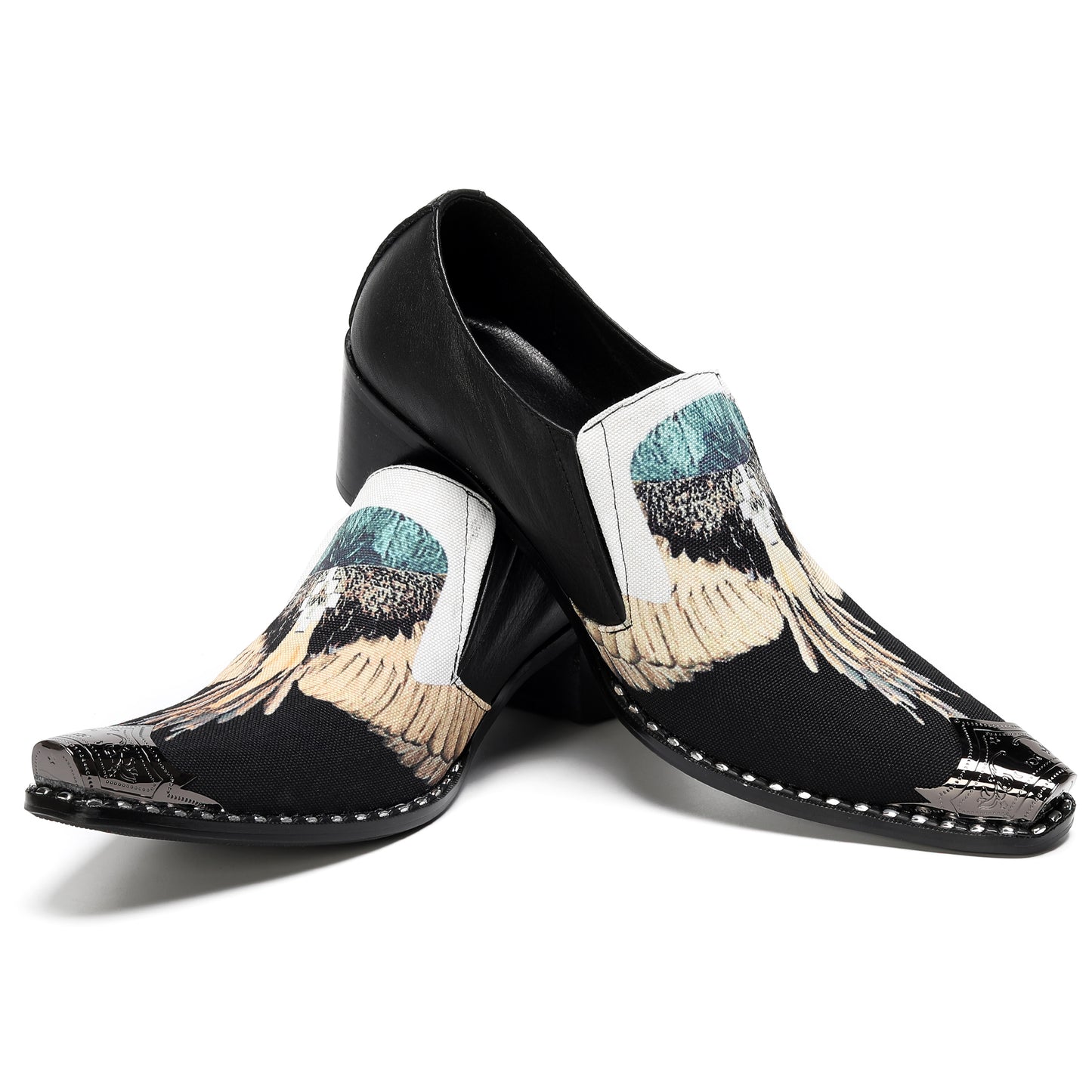 Mens Top-Grain Leather Eagle Print Slip On Western Loafers