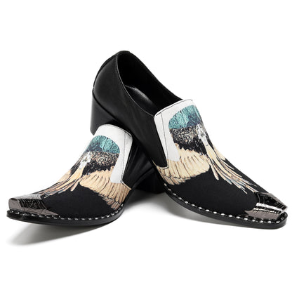 Mens Top-Grain Leather Eagle Print Slip On Western Loafers