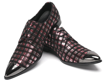 Mens Plaid Patent-Leather Dress Casual Metal Toe Western Oxfords