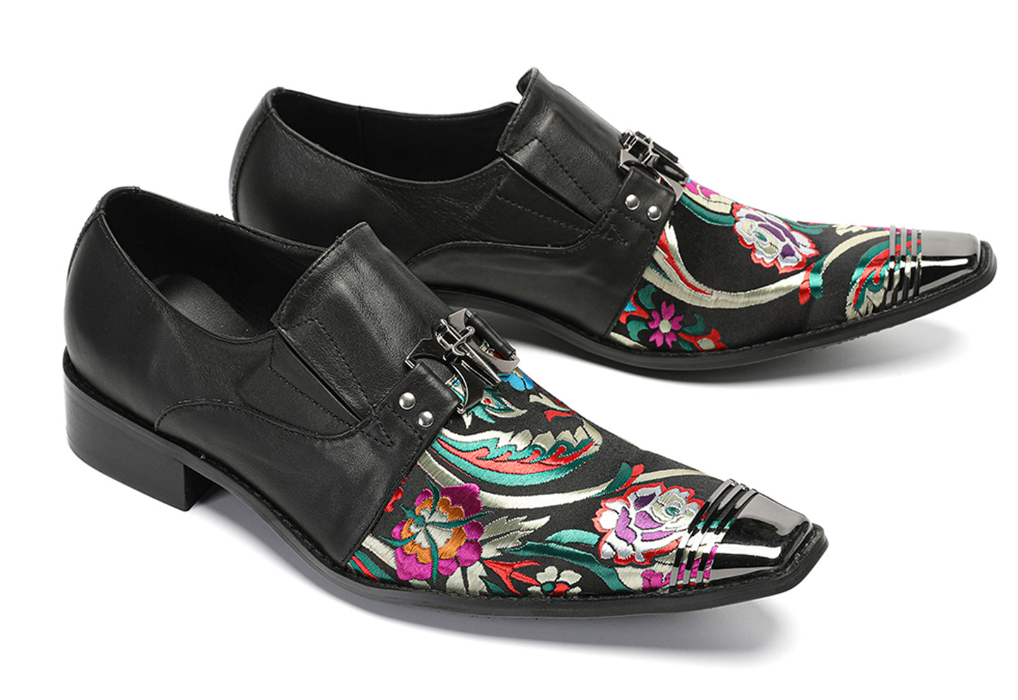 Mens Top-Grain Leather Floral Embroidery Casual Western Loafers