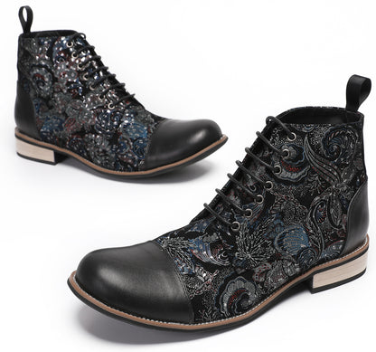 Mens Genuine Leather Embroidery Square Toe Oxfords Boots