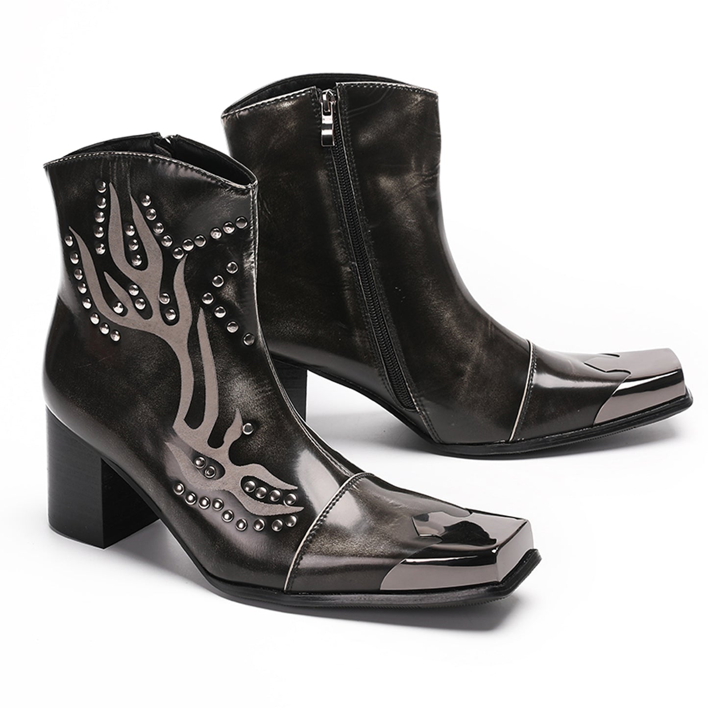 Mens Leather Metal Square Toe Flame Studded Dress Ankle Western Boots
