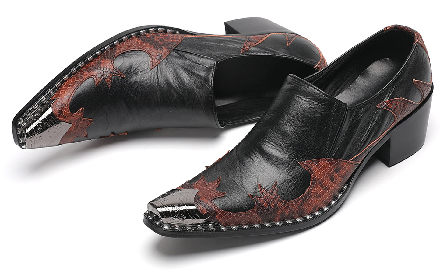 Mens Genuine Leather Metal Pointed Toe Two Tone Western Loafers