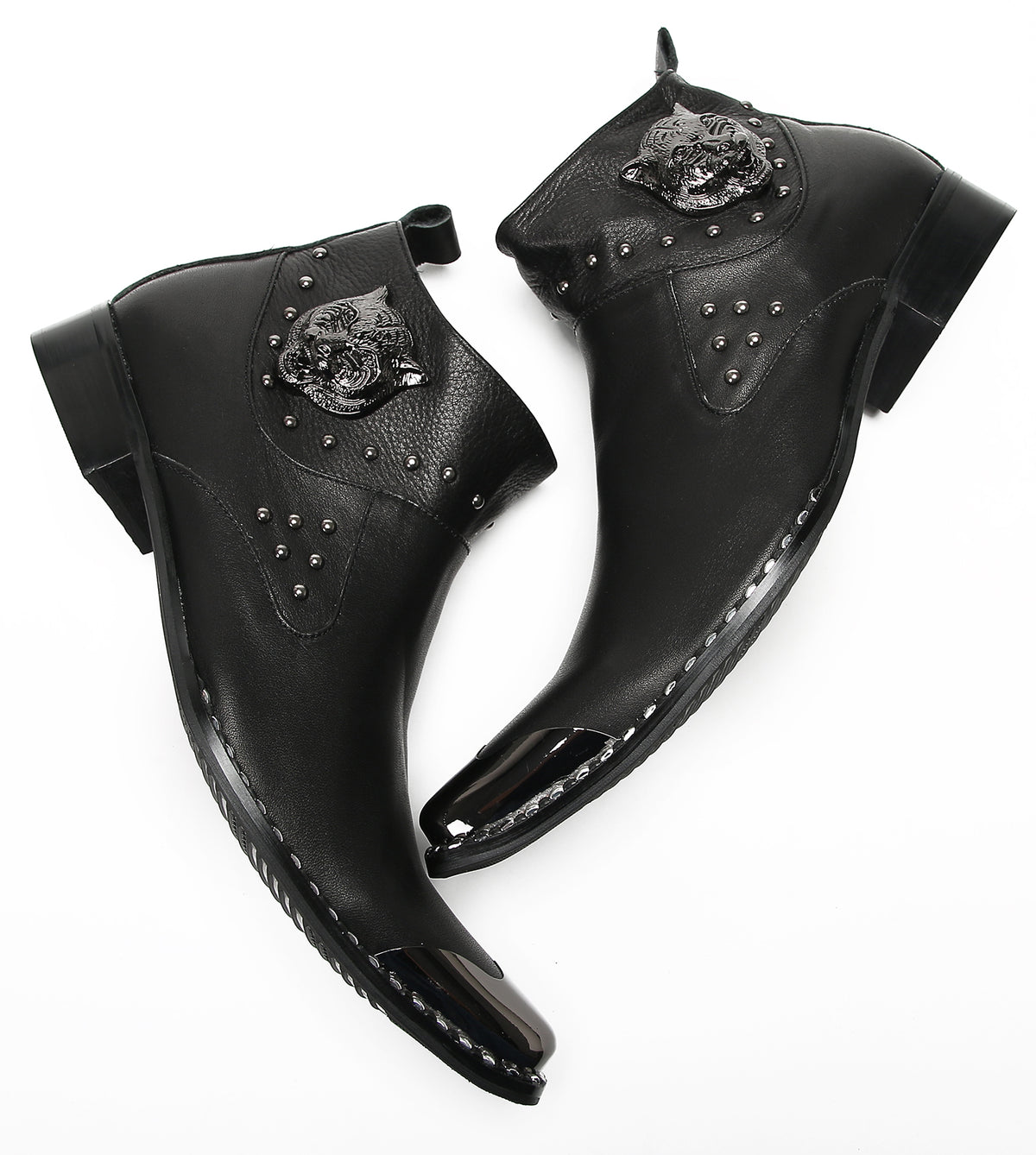 Mens Genuine Leather Matel Sqaure Toe Zipper Beads Ankle Western Boots