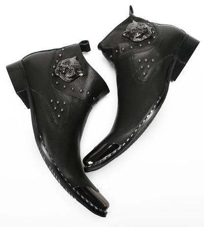 Mens Genuine Leather Matel Sqaure Toe Zipper Beads Ankle Western Boots