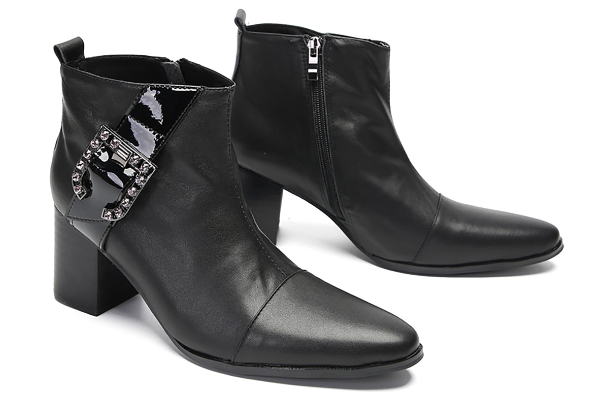 Mens Genunie Leather Beaded Buckle Heel Ankle Boots
