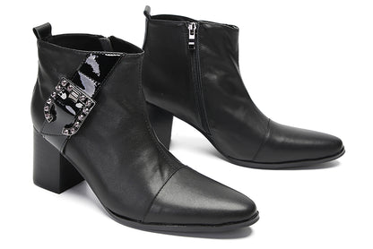Mens Genunie Leather Beaded Buckle Heel Ankle Boots