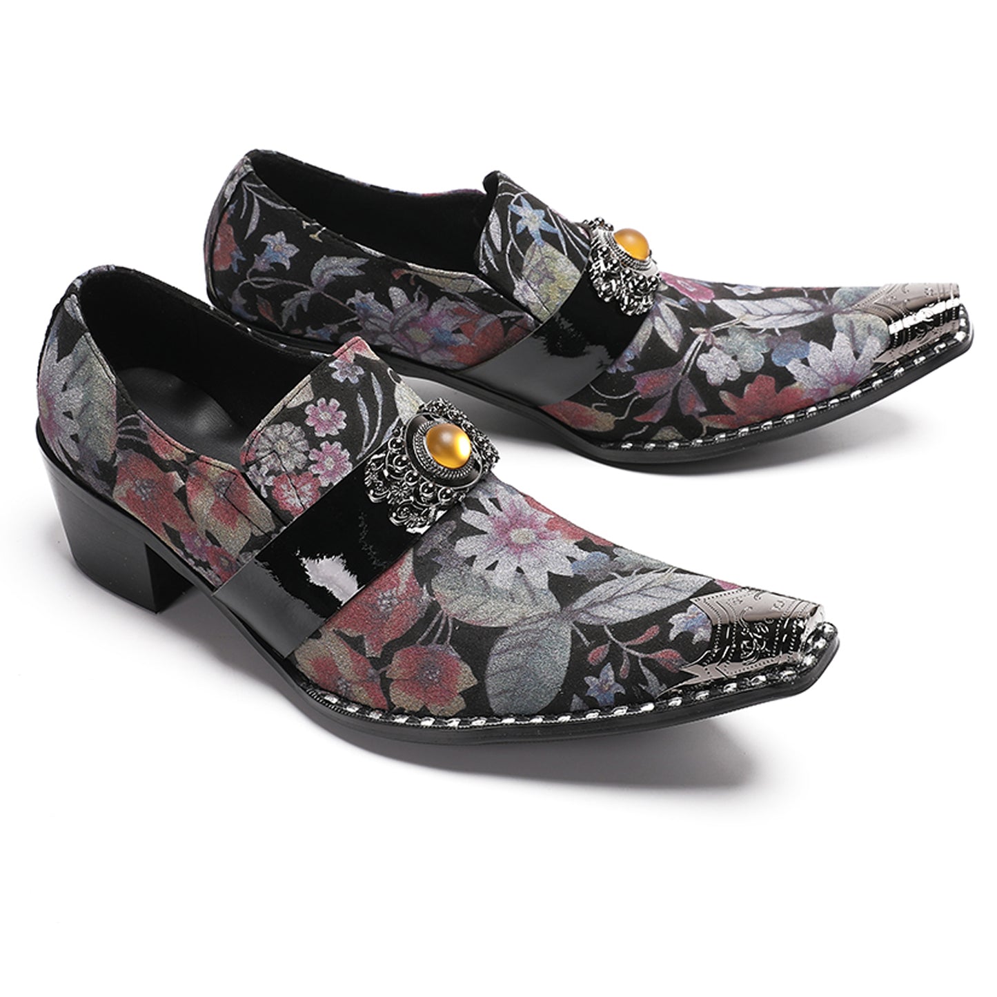 Mens Floral Leather Loafers Metal Toe Slip On Dress Shoes