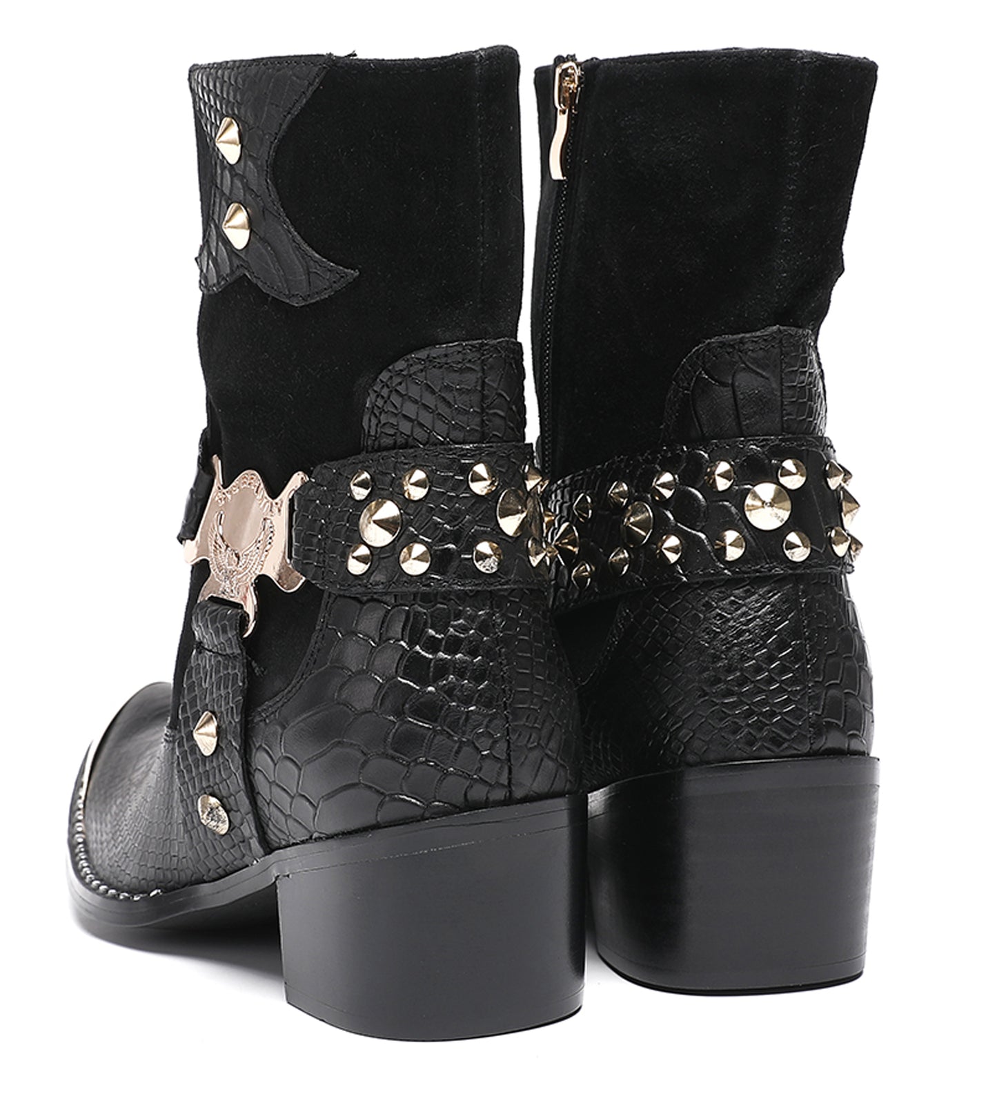 Mens Top-Grain Leather Studded Skull Buckle Punk Cowboy Western Boots