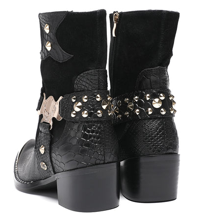 Mens Top-Grain Leather Studded Skull Buckle Punk Cowboy Western Boots