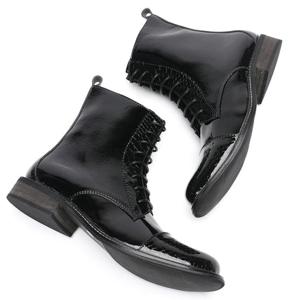 Mens  Black Glossy Patent Leather Square Toe Western Oxfords Boots