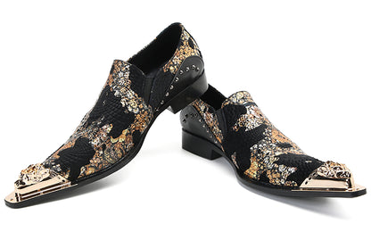 Mens Silp On Leather Metal Tip Toe Gold Glitter Western Loafers