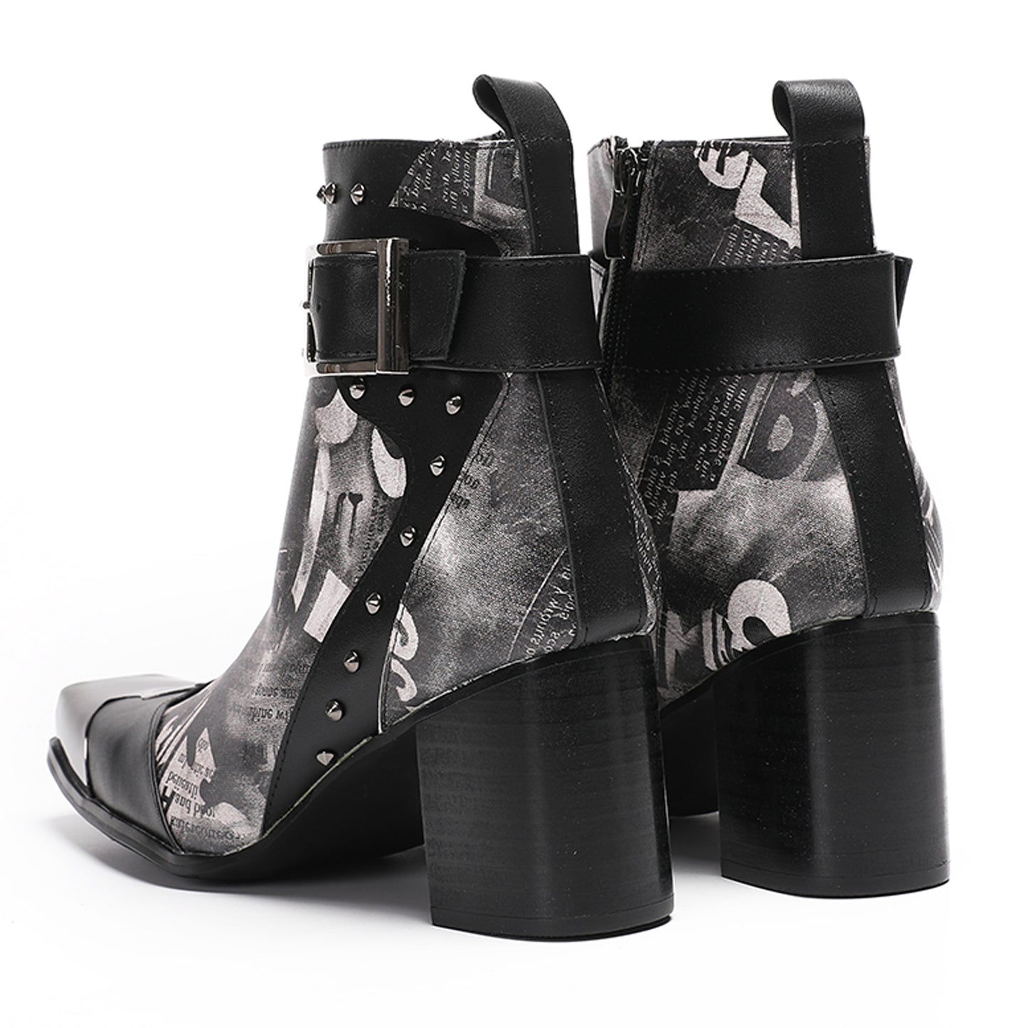 Mens Metal Square Toe Buckle Printed Leather Ankle Western Boots