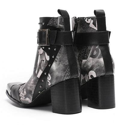 Mens Metal Square Toe Buckle Printed Leather Ankle Western Boots