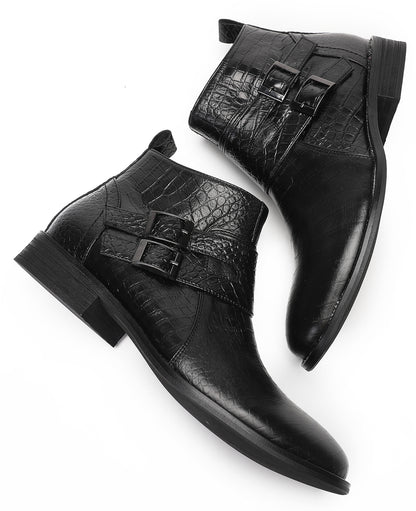 Mens Genuine Leather Dress Casual Zipper Buckles Ankle Boots