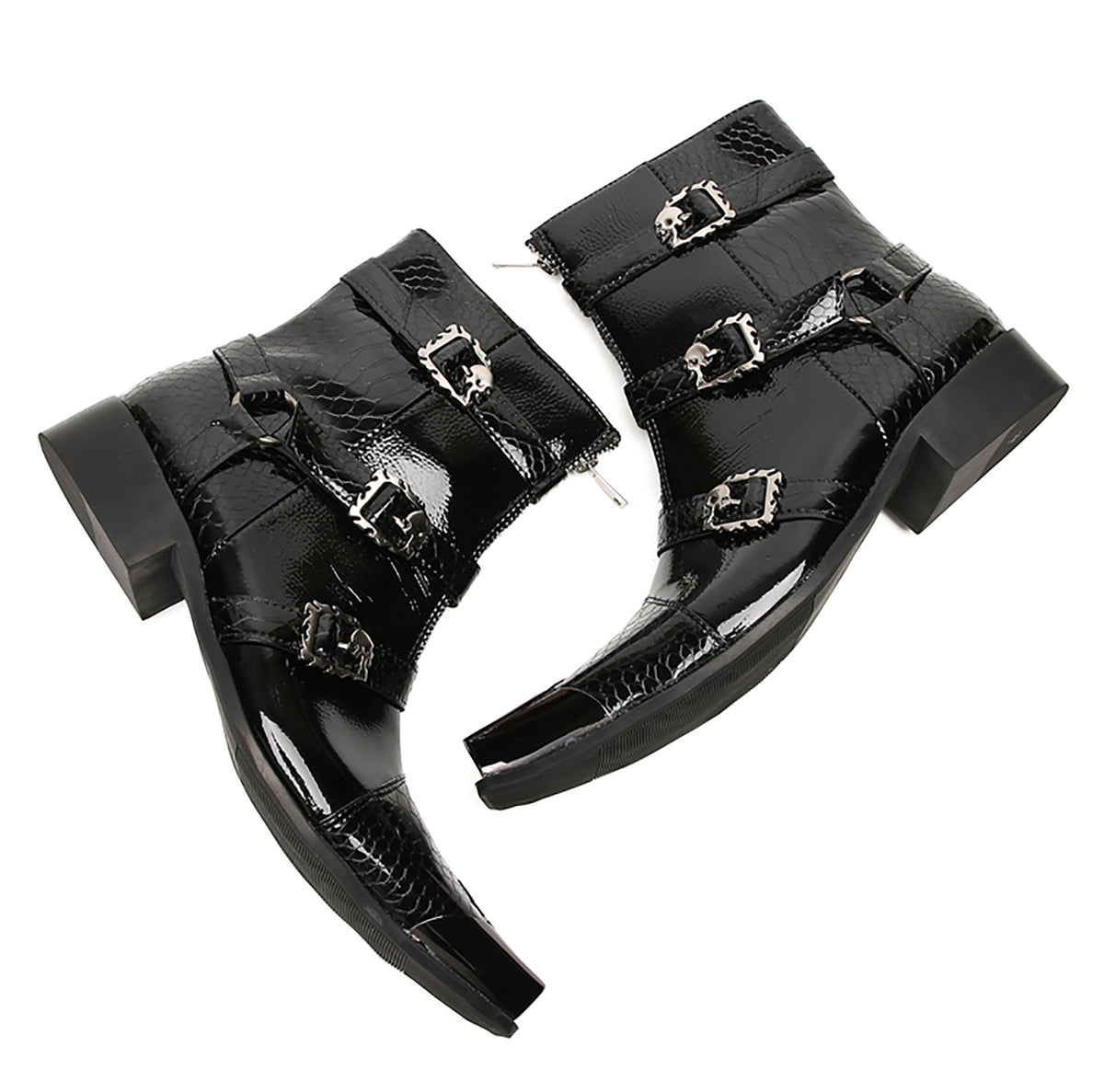 Mens Genuine Leather Dress Casual Metal Square Toe Buckles Cowboy Western Boots