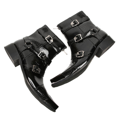 Mens Genuine Leather Dress Casual Metal Square Toe Buckles Cowboy Western Boots
