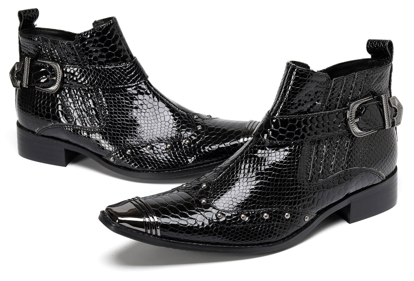 Mens Snakeskin Zipper Side Studded Buckle Western Boots