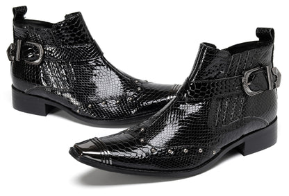 Mens Snakeskin Zipper Side Studded Buckle Western Boots