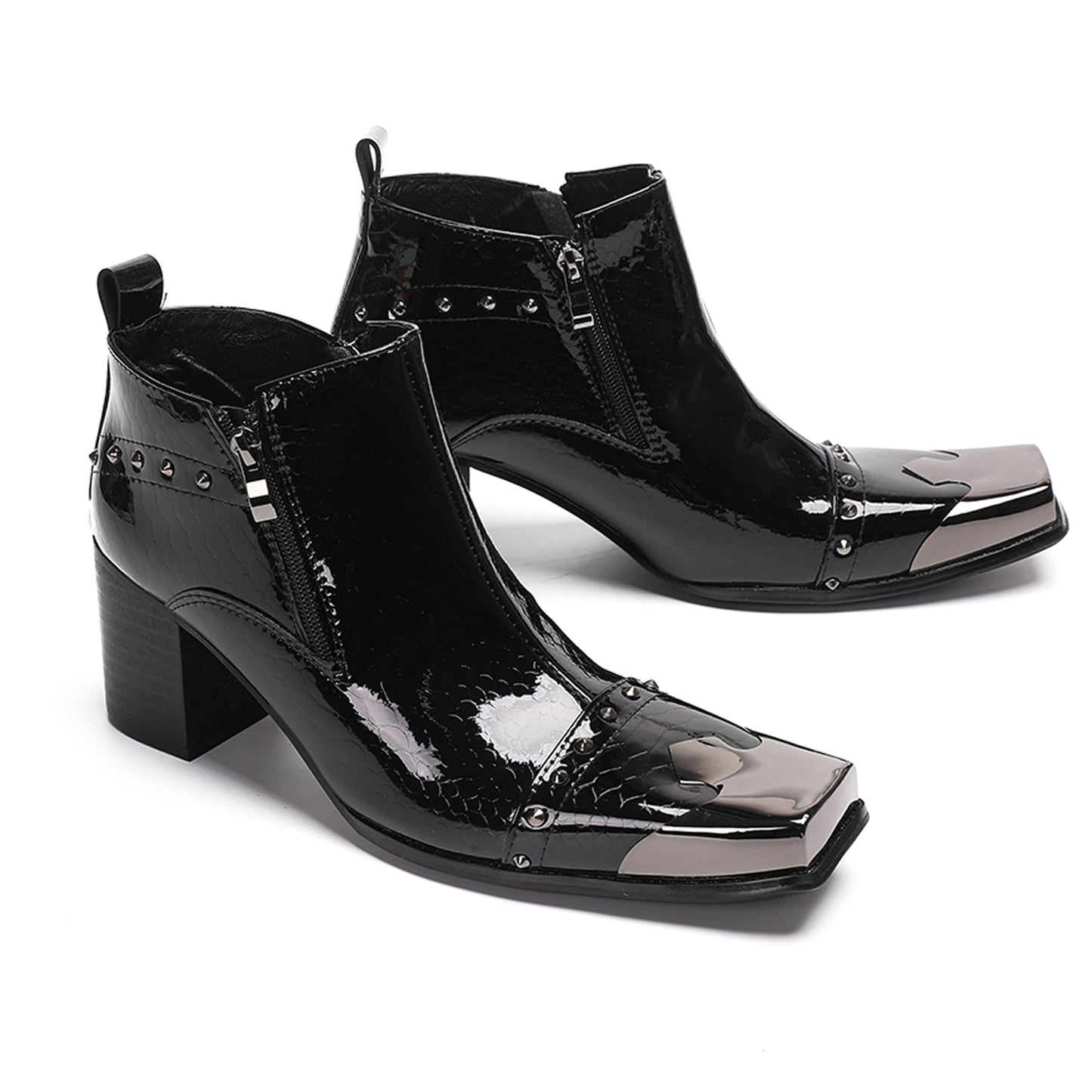 Mens Patent Leather Metal Square Toe Studded Ankle Western Boots