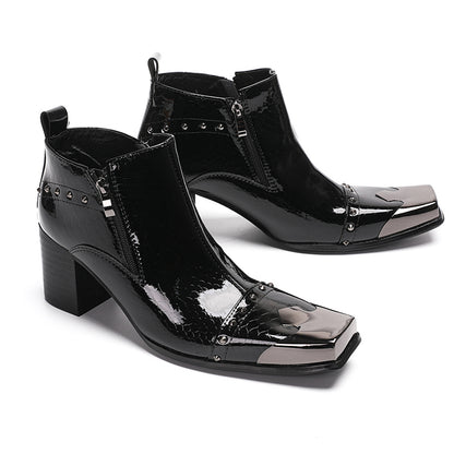 Mens Patent Leather Metal Square Toe Studded Ankle Western Boots