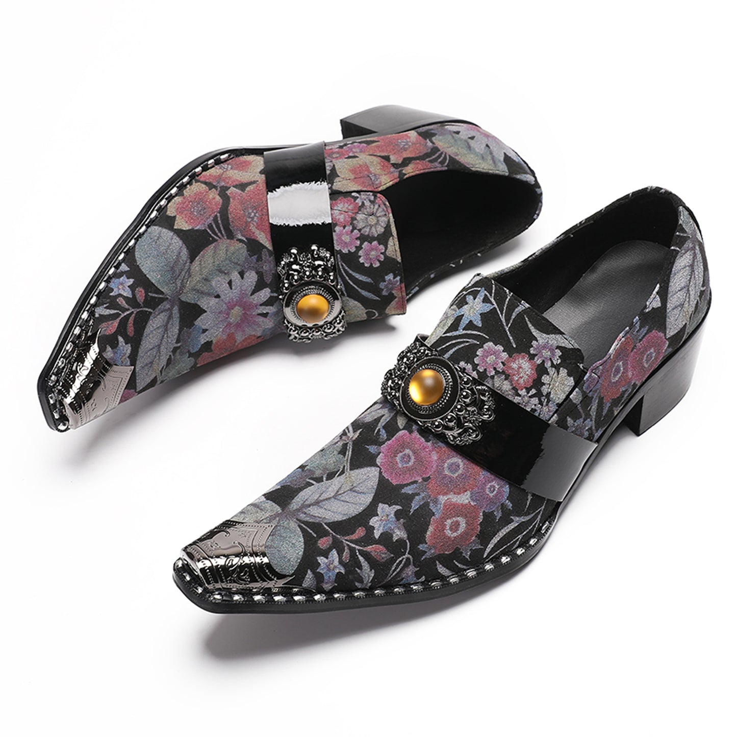 Mens Floral Leather Loafers Metal Toe Slip On Dress Shoes